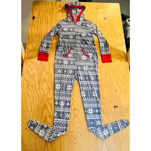Amonida Gray White Snowflake Fair Isle Hooded Footed Jumpsuit Pajamas Size Large